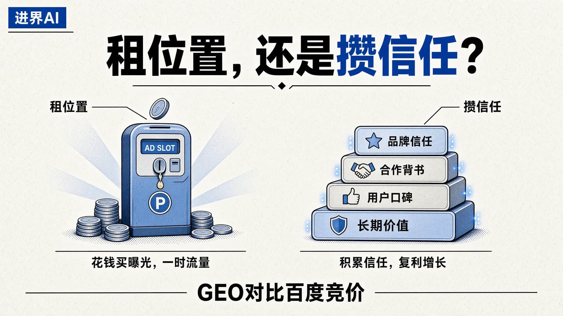 GEO和百度竞价排名的区别:一个租位置,一个攒信任